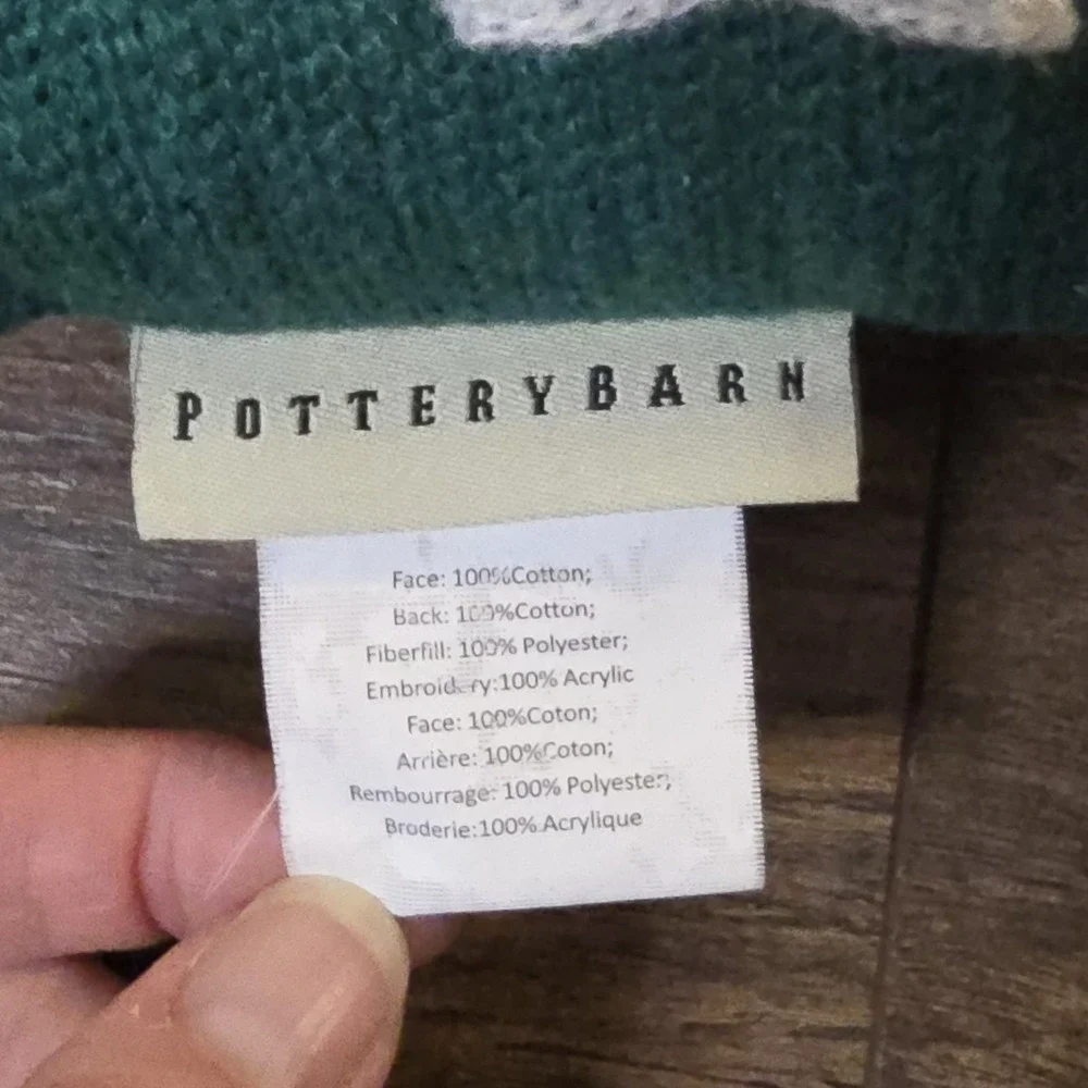 Pottery Barn Boston Tall Ship Pillow 12x12 Green Navy Embroidered Cotton‎